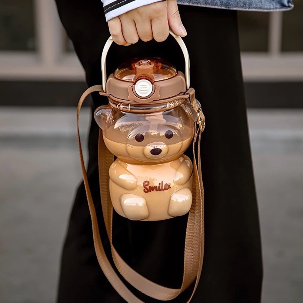 Bear Plastic Water Bottle with Strap Brown or Pink Choose your Color New